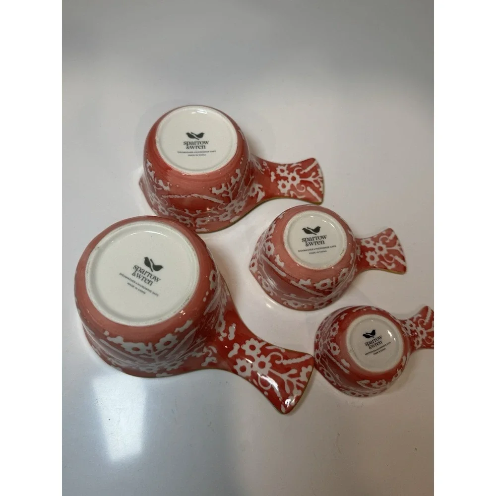 Sparrow & Wren Ceramic Nesting Floral Measuring Cups Set Of 4 Coral & White